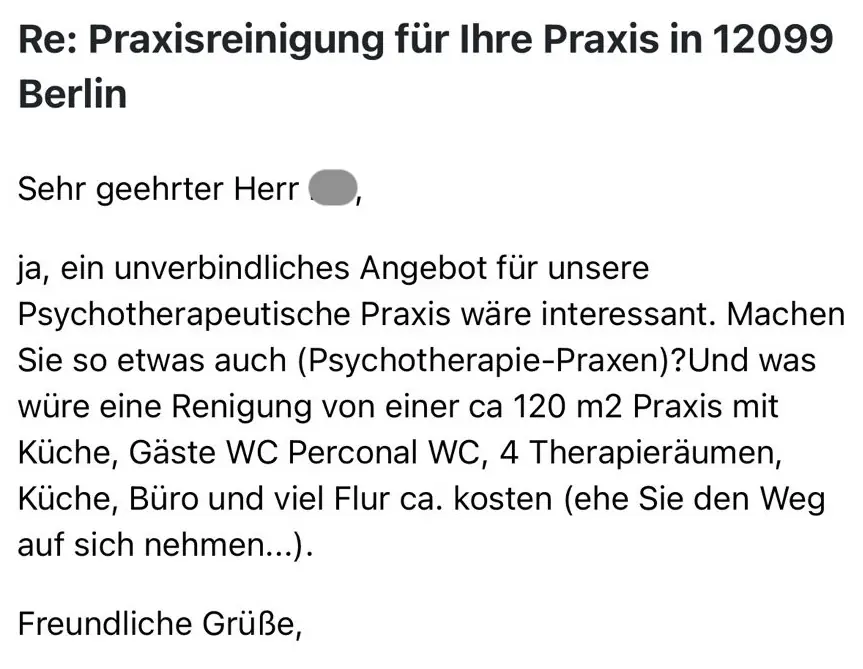 Kunden-Antwort Bsp. 1: Praxisreinigung angefragt